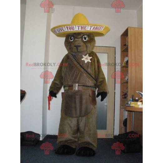 Braunes Murmeltierbärenmaskottchen im Cowboy-Outfit -