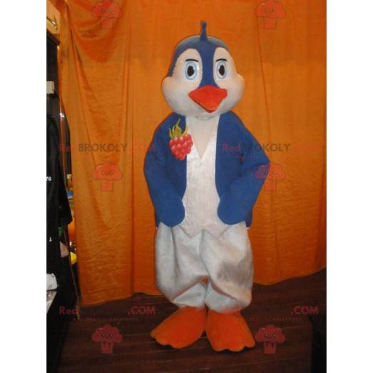 Mascotte pinguino blu e bianco con becco arancione -