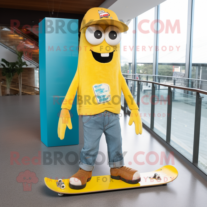 Yellow Skateboard mascot costume character dressed with a Bootcut Jeans and Shawl pins