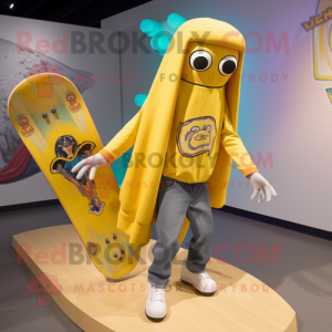 Yellow Skateboard mascot costume character dressed with a Bootcut Jeans and Shawl pins