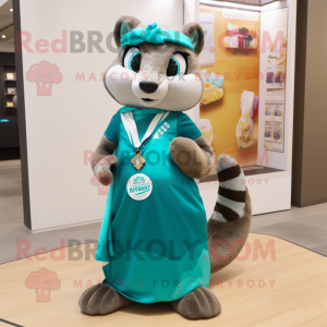 Teal Marten mascot costume character dressed with a Wrap Skirt and Earrings