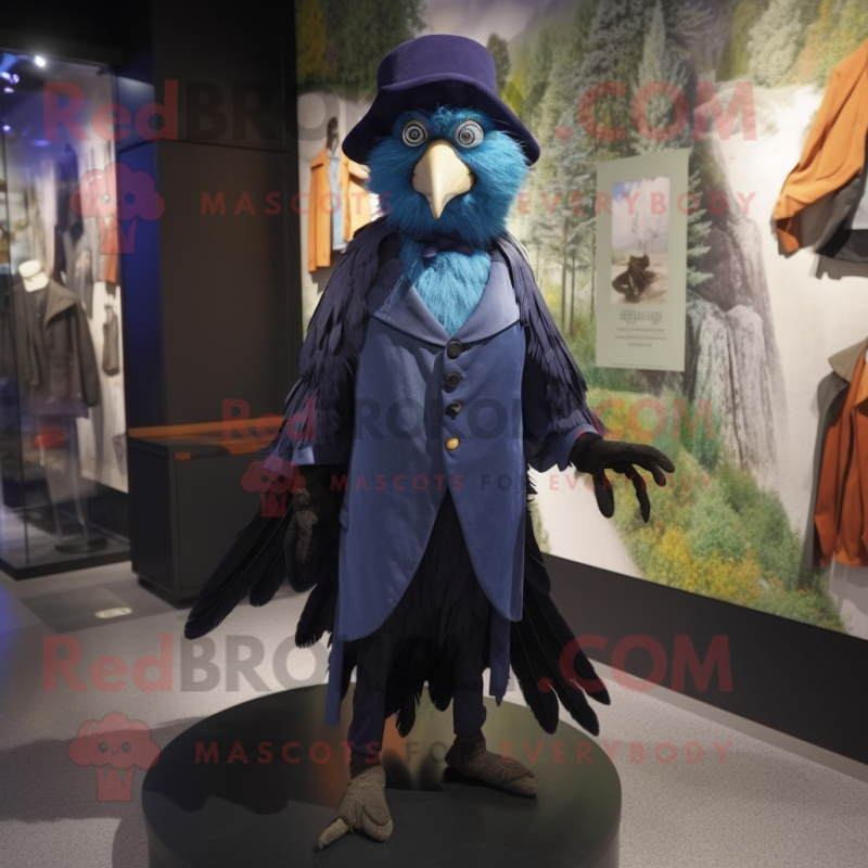 Blue Crow mascot costume character dressed with a Waistcoat and Shoe clips Blue Crow mascot costume character dressed with a Waistcoat and Shoe clips