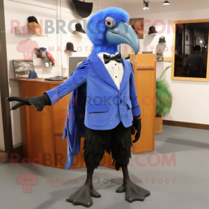 Blue Crow mascot costume character dressed with a Waistcoat and Shoe clips