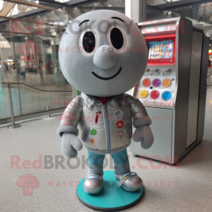 Silver Gumball Machine mascot costume character dressed with a Cardigan and Messenger bags