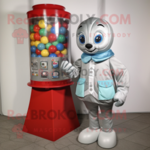 Silver Gumball Machine mascot costume character dressed with a Cardigan and Messenger bags