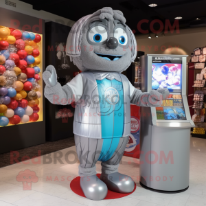 Silver Gumball Machine mascot costume character dressed with a Cardigan and Messenger bags