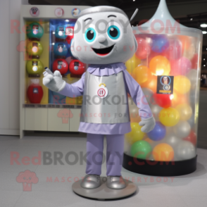 Silver Gumball Machine mascot costume character dressed with a Cardigan and Messenger bags