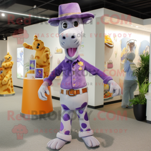 Lavender Giraffe mascot costume character dressed with a Jeans and Hat pins