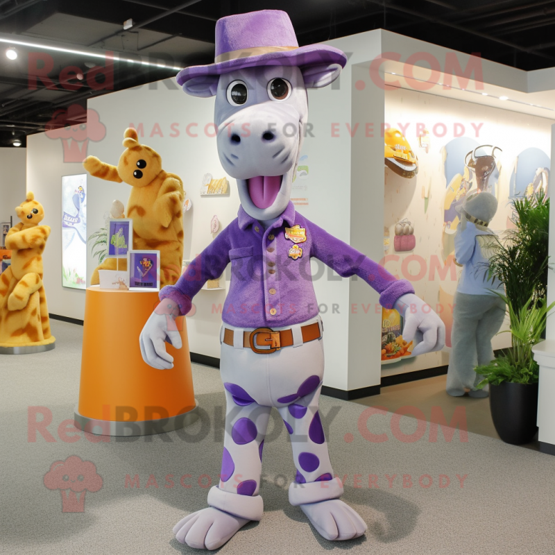 Lavender Giraffe mascot costume character dressed with a Jeans and Hat pins Lavender Giraffe mascot costume character dressed with a Jeans and Hat pins