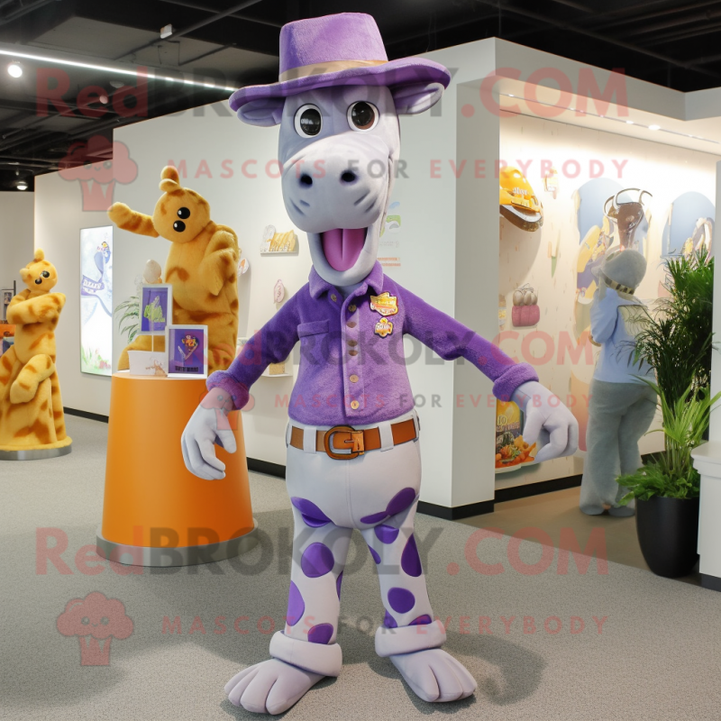 Lavender Giraffe mascot costume character dressed with a Jeans and Hat pins