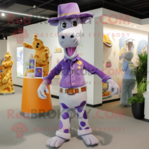 Lavender Giraffe mascot costume character dressed with a Jeans and Hat pins