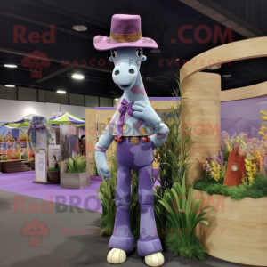 Lavender Giraffe mascot costume character dressed with a Jeans and Hat pins