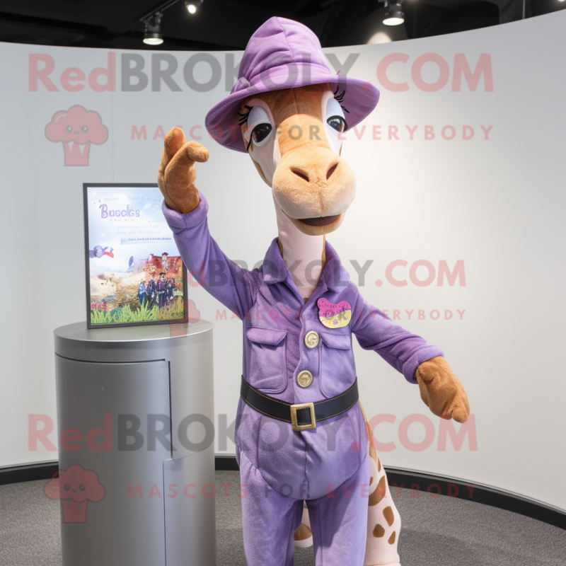 Lavender Giraffe mascot costume character dressed with a Jeans and Hat pins