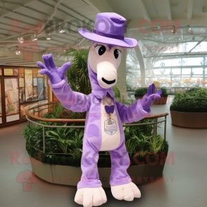 Lavender Giraffe mascot costume character dressed with a Jeans and Hat pins