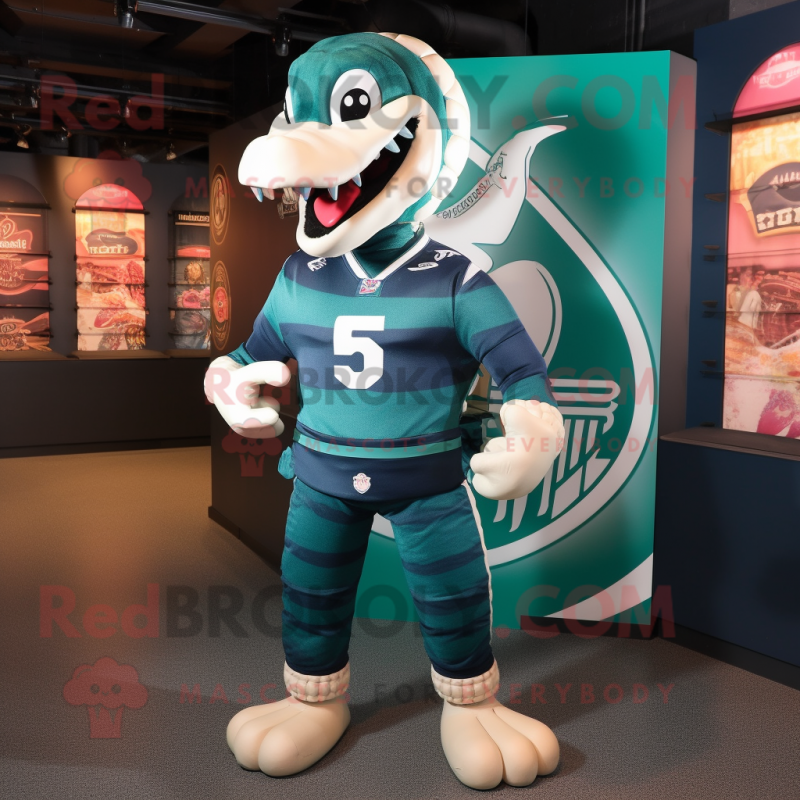 Teal Titanoboa mascot costume character dressed with a Rugby Shirt and Necklaces