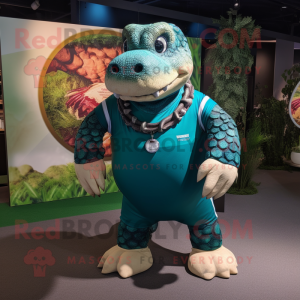 Teal Titanoboa mascot costume character dressed with a Rugby Shirt and Necklaces