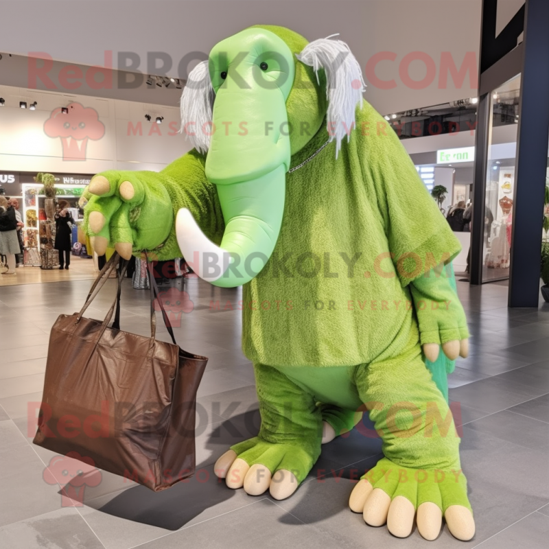 Lime Green Mammoth mascot costume character dressed with a Trousers and Handbags Lime Green Mammoth mascot costume character dressed with a Trousers and Handbags