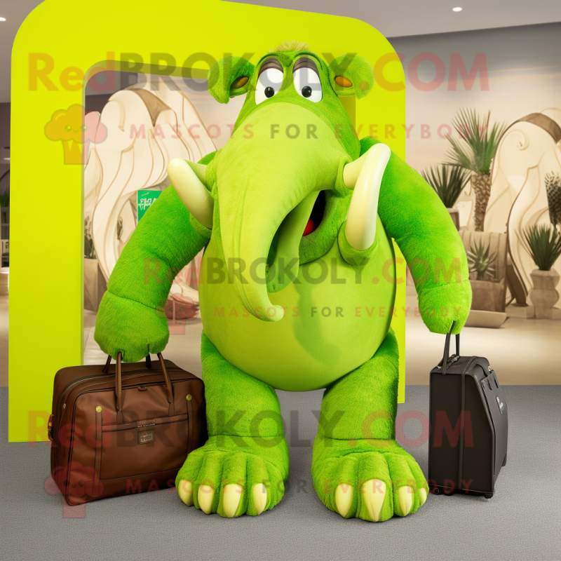 Lime Green Mammoth mascot costume character dressed with a Trousers and Handbags