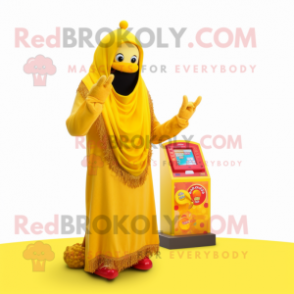 Yellow Phone mascot costume character dressed with a Graphic Tee and Shawls