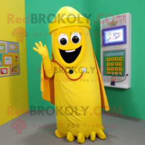 Yellow Phone mascot costume character dressed with a Graphic Tee and Shawls