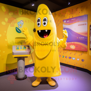 Yellow Phone mascot costume character dressed with a Graphic Tee and Shawls