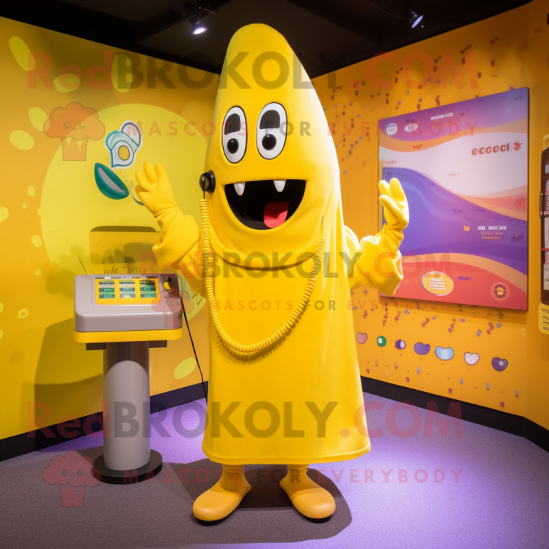 Yellow Phone mascot costume character dressed with a Graphic Tee and Shawls Yellow Phone mascot costume character dressed with a Graphic Tee and Shawls