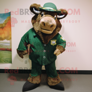 Forest Green Buffalo mascot costume character dressed with a Corduroy Pants and Brooches