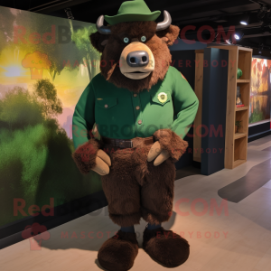 Forest Green Buffalo mascot costume character dressed with a Corduroy Pants and Brooches