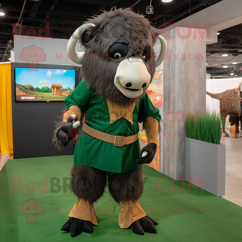 Forest Green Buffalo mascot costume character dressed with a Corduroy Pants and Brooches
