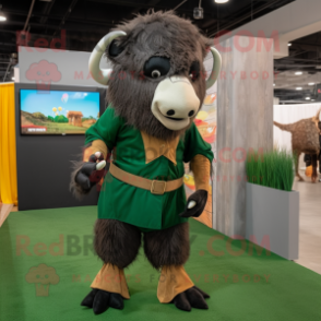 Forest Green Buffalo mascot costume character dressed with a Corduroy Pants and Brooches
