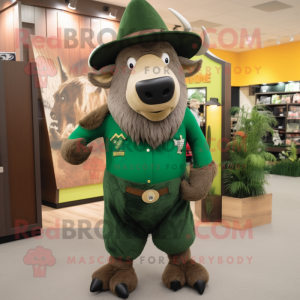 Forest Green Buffalo mascot costume character dressed with a Corduroy Pants and Brooches