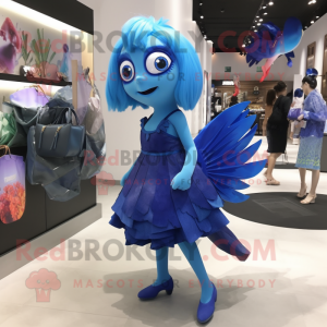 Blue Betta Fish mascot costume character dressed with a Mini Skirt and Handbags