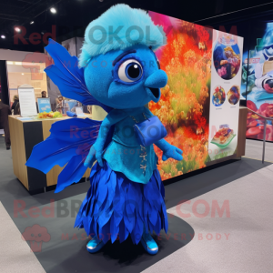 Blue Betta Fish mascot costume character dressed with a Mini Skirt and Handbags