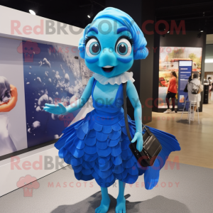 Blue Betta Fish mascot costume character dressed with a Mini Skirt and Handbags