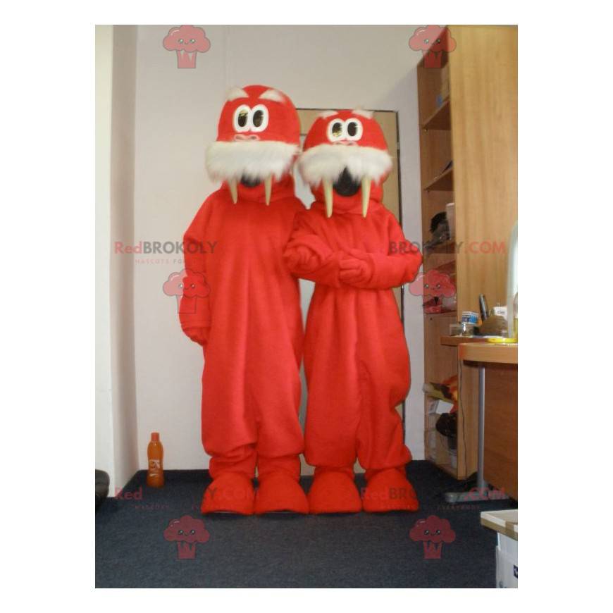 2 mascottes van rode en witte walrussen. 2 walrussen -