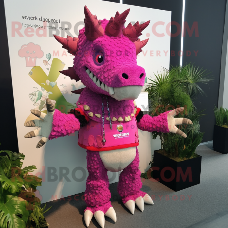 Magenta Stegosaurus mascot costume character dressed with a Cardigan and Necklaces Magenta Stegosaurus mascot costume character dressed with a Cardigan and Necklaces