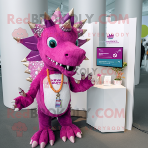 Magenta Stegosaurus mascot costume character dressed with a Cardigan and Necklaces