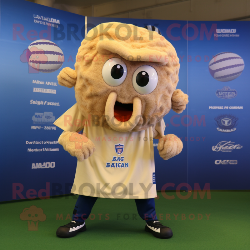 Beige Fried Calamari mascot costume character dressed with a Rugby Shirt and Keychains Beige Fried Calamari mascot costume character dressed with a Rugby Shirt and Keychains