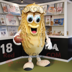 Beige Fried Calamari mascot costume character dressed with a Rugby Shirt and Keychains