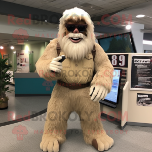 Beige Sasquatch mascot costume character dressed with a Corduroy Pants and Sunglasses