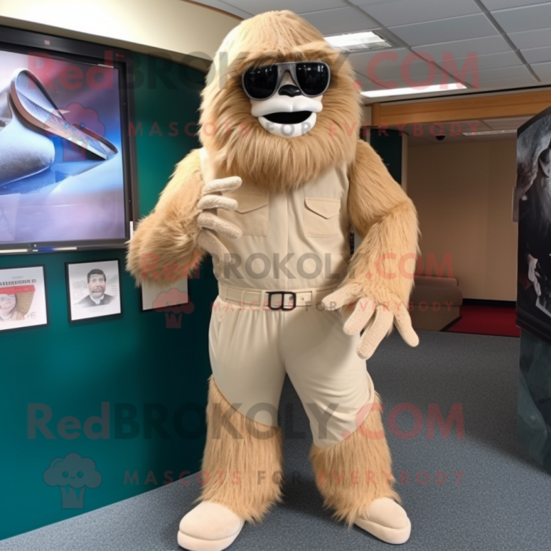 Beige Sasquatch mascot costume character dressed with a Corduroy Pants and Sunglasses