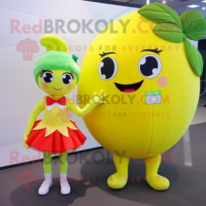 Lemon Yellow Watermelon mascot costume character dressed with a Mini Skirt and Headbands