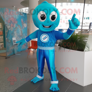 Cyan Superhelt maskot drakt...