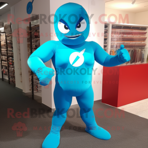 Cyan Superhero mascot costume character dressed with a Playsuit and Clutch bags