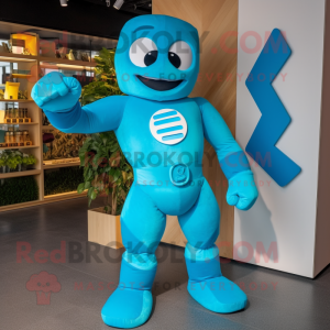 Cyan Superhelt maskot drakt...