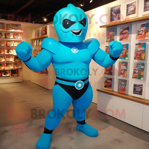 Cyan Superhelt maskot drakt...