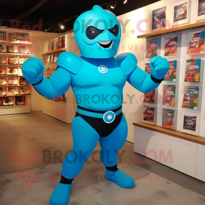 Cyan Superhero mascot costume character dressed with a Playsuit and Clutch bags