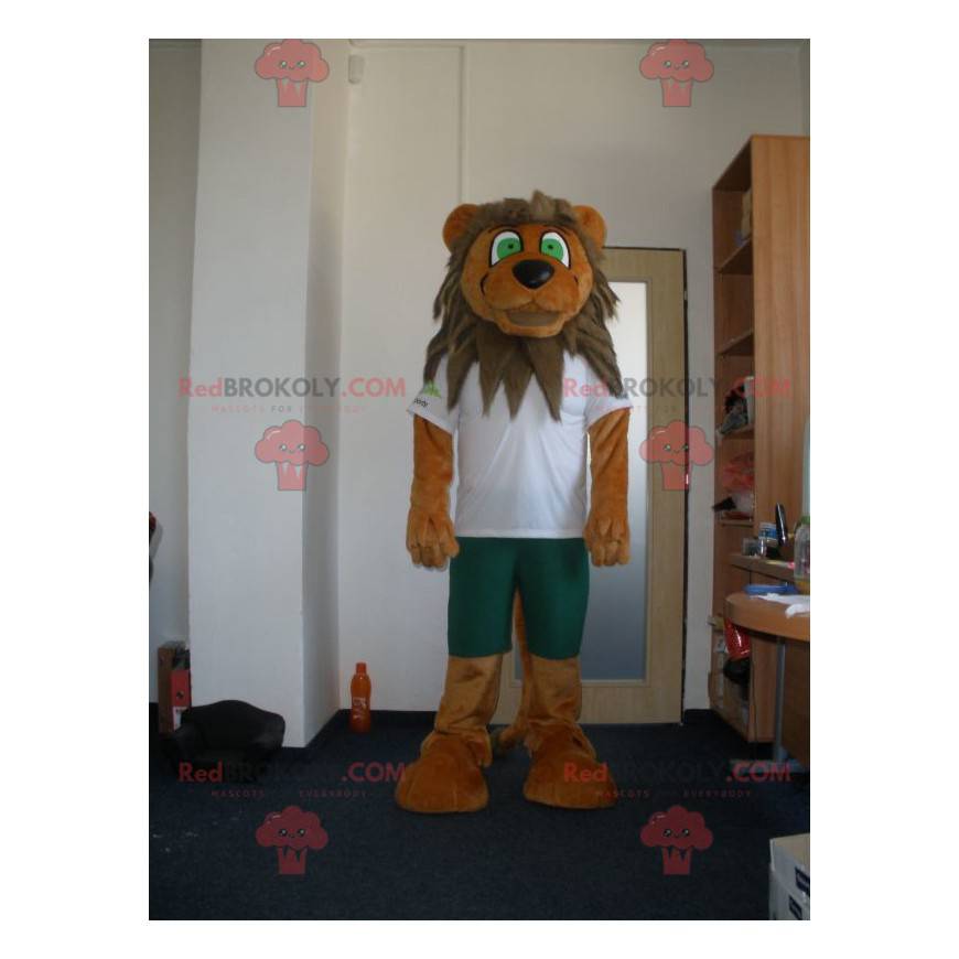 Mascotte de lion marron et beige avec les yeux verts -