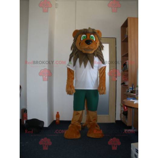 Mascotte de lion marron et beige avec les yeux verts -