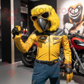 Gold Macaw mascot costume character dressed with a Biker Jacket and Mittens